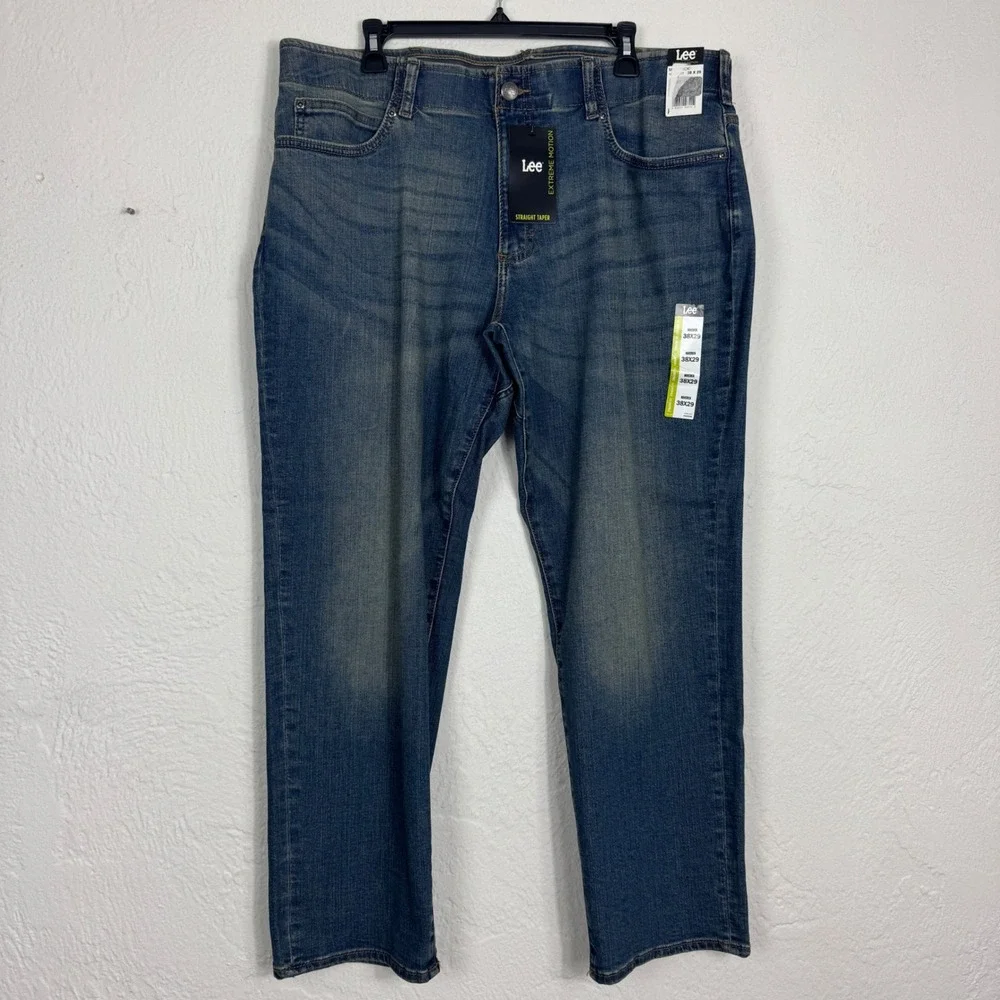 Lee Extreme Motion Straight Taper Jeans Mens 38x29 Maverick Blue Denim NWT